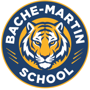 Circular Bache-Martin School logo featuring a stylized tiger head in gold, navy blue, and white with “BACHE-MARTIN SCHOOL” wrapped around the outer ring and decorative stripe accents on both sides.