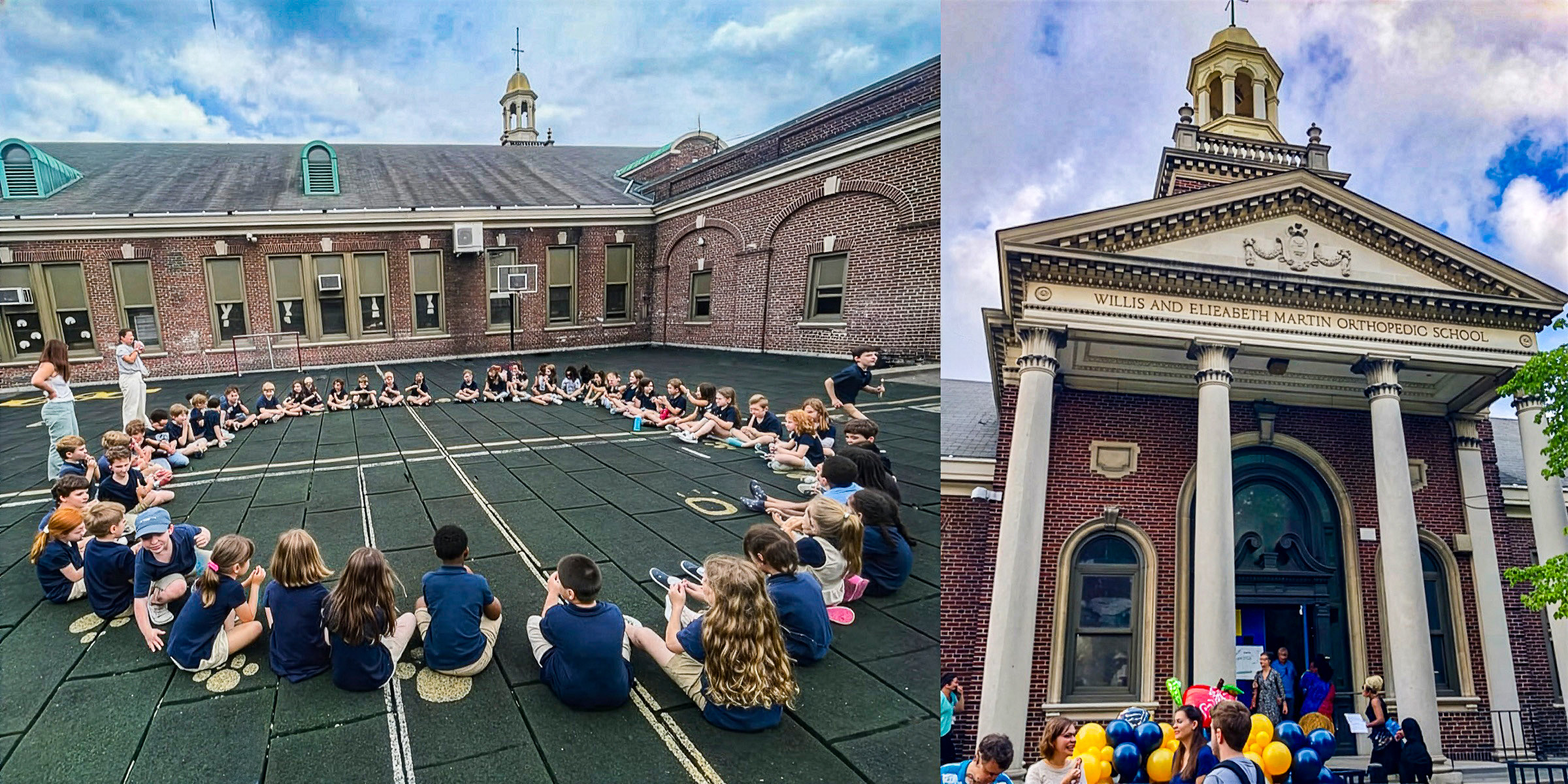 Exterior views of Bache-Martin School in Philadelphia, featuring the historic school building, courtyard, and main entrance with columns.